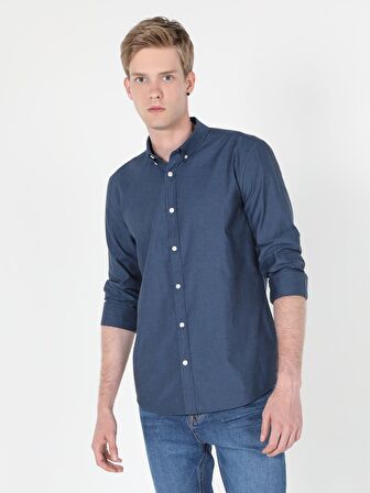  Slim Fit Shirt Neck Erkek Lacivert Uzun Kol Gömlek