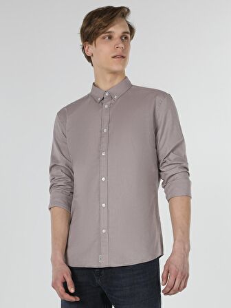 Slim Fit Shirt Neck Sarı Erkek Uzun Kol Gömlek