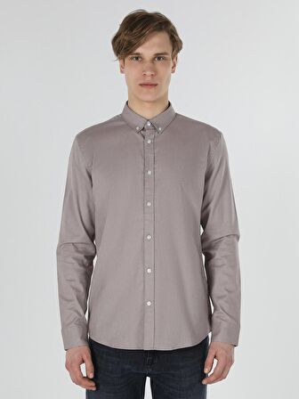 Slim Fit Shirt Neck Sarı Erkek Uzun Kol Gömlek