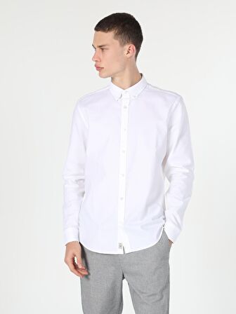  Slim Fit Shirt Neck Erkek Beyaz Uzun Kol Gömlek