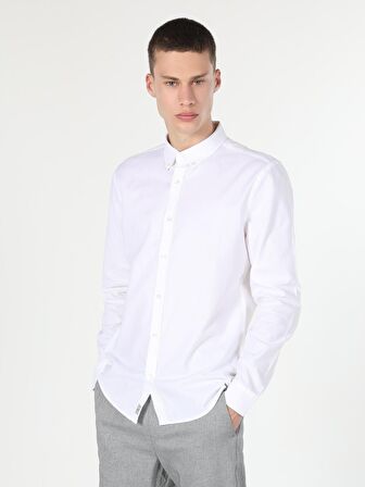  Slim Fit Shirt Neck Erkek Beyaz Uzun Kol Gömlek