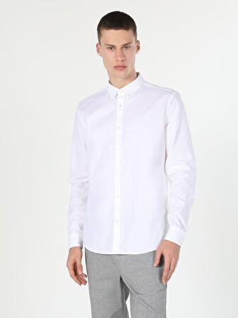  Slim Fit Shirt Neck Erkek Beyaz Uzun Kol Gömlek