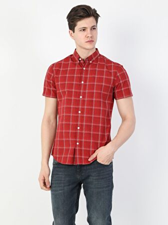 Slim Fit Shirt Neck Erkek Kırmızı Kısa Kol Gömlek