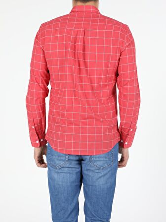 Kırmızı Slim Fit Shirt Neck  Erkek Uzun Kol Gömlek