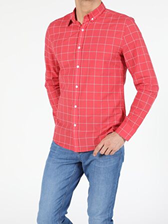 Kırmızı Slim Fit Shirt Neck  Erkek Uzun Kol Gömlek