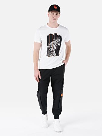 Normal Kesim Bisiklet Yaka Baskılı Beyaz Erkek Kısa Kol Tişört Cl1050173
