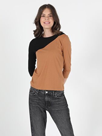 Slim Fit Bisiklet Yaka Kadın Camel Tshirt U.Kol