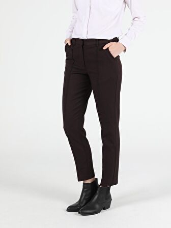 Slim Fit Orta Bel Düz Paça Kadın Bordo Pantolon