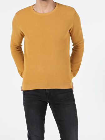 Slim Fit Bisiklet Yaka Erkek Safran Kazak