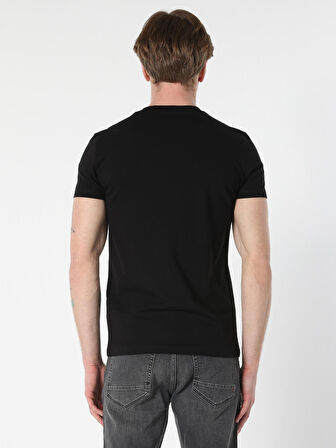 Slim Fit Bisiklet Yaka Baskılı Siyah Erkek Kısa Kol Tişört