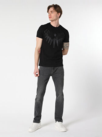 Slim Fit Bisiklet Yaka Baskılı Siyah Erkek Kısa Kol Tişört