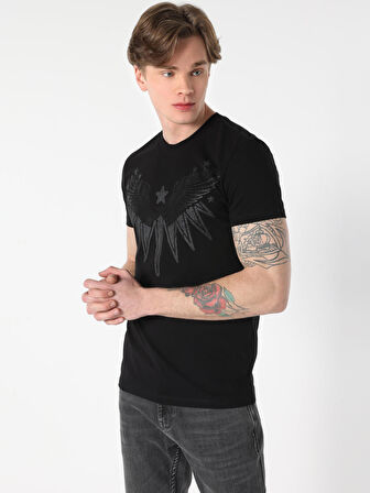 Slim Fit Bisiklet Yaka Baskılı Siyah Erkek Kısa Kol Tişört