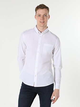 Beyaz Slim Fit Shirt Neck  Erkek Uzun Kol Gömlek
