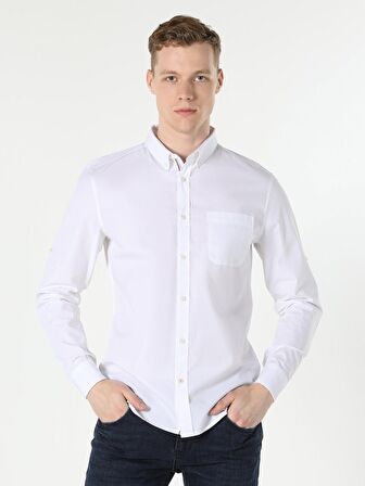 Beyaz Slim Fit Shirt Neck  Erkek Uzun Kol Gömlek
