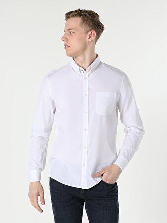 Beyaz Slim Fit Shirt Neck  Erkek Uzun Kol Gömlek