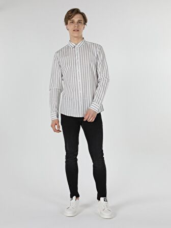 Slim Fit Çizgili Erkek Beyaz Uzun Kol Gömlek