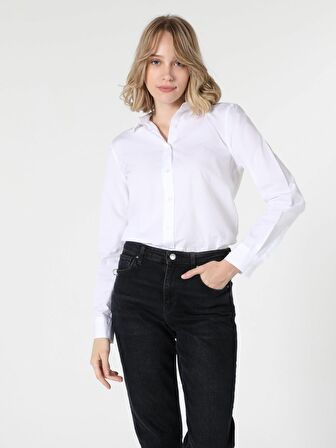 Regular Fit Beyaz Kadın Uzun Kol Gömlek