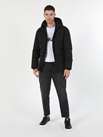 Slim Fit Kapüşonlu Siyah Erkek Mont