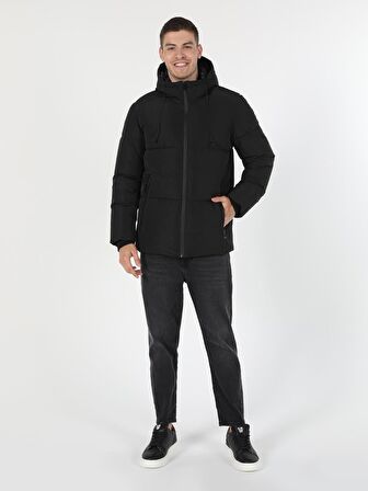 Slim Fit Kapüşonlu Siyah Erkek Mont