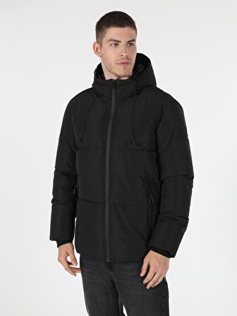 Slim Fit Kapüşonlu Siyah Erkek Mont