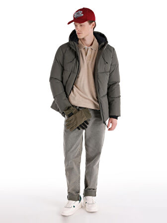 Slim Fit Kapüşonlu Şişme Yeşil Erkek Mont
