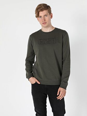 Regular Fit Kabartma Yazılı Haki Erkek Sweatshirt