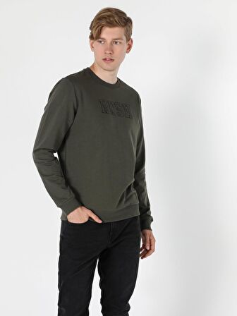 Regular Fit Kabartma Yazılı Haki Erkek Sweatshirt