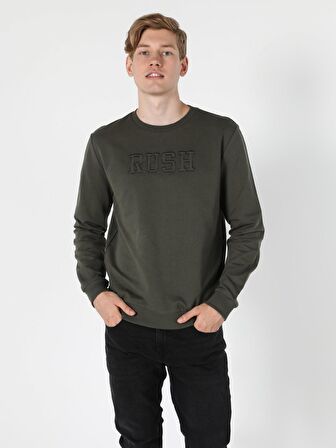 Regular Fit Kabartma Yazılı Haki Erkek Sweatshirt