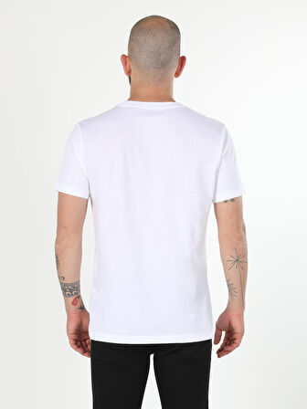 Regular Fit Bisiklet Yaka Baskılı Örme Beyaz Erkek Kısa Kol Tişört