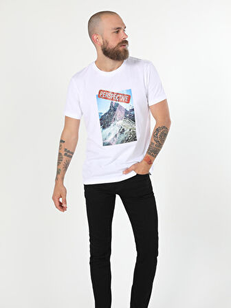 Regular Fit Bisiklet Yaka Baskılı Örme Beyaz Erkek Kısa Kol Tişört