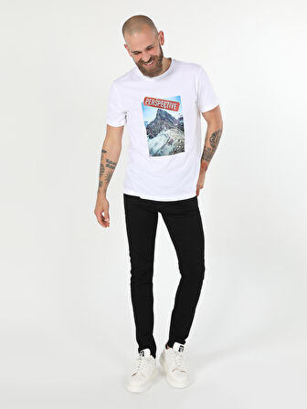 Regular Fit Bisiklet Yaka Baskılı Örme Beyaz Erkek Kısa Kol Tişört