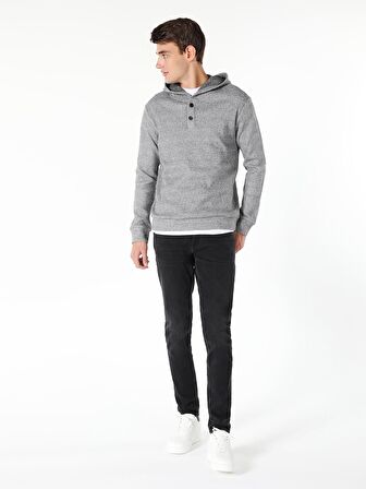 Regular Fit Hooded Kapüşonlu Düğmeli Yaka Gri Erkek Uzun Kol Tişört