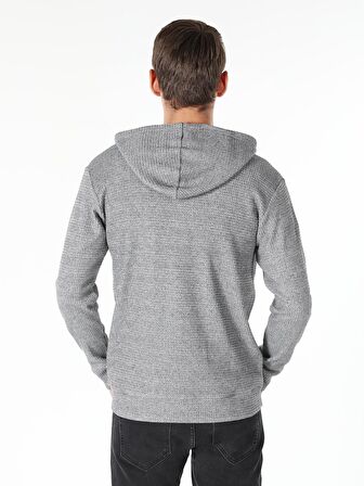 Regular Fit Hooded Kapüşonlu Düğmeli Yaka Gri Erkek Uzun Kol Tişört