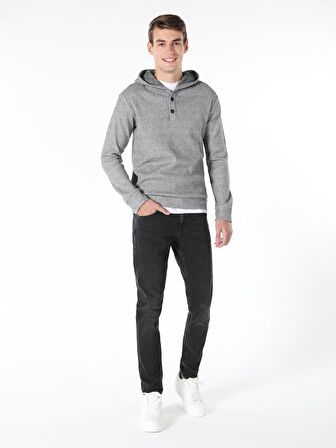 Regular Fit Hooded Kapüşonlu Düğmeli Yaka Gri Erkek Uzun Kol Tişört