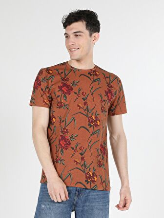 Regular Fit Bisiklet Yaka Baskılı Kahverengi Erkek Kısa Kol Tişört