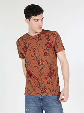 Regular Fit Bisiklet Yaka Baskılı Kahverengi Erkek Kısa Kol Tişört