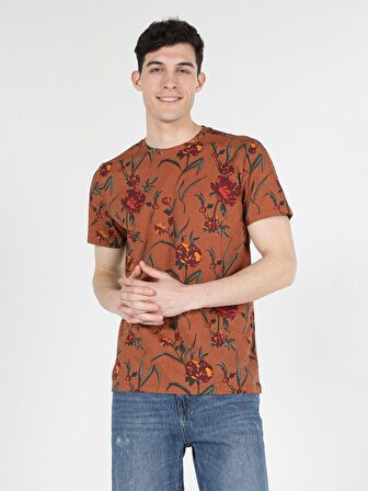 Regular Fit Bisiklet Yaka Baskılı Kahverengi Erkek Kısa Kol Tişört