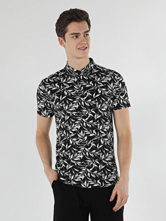 Slim Fit Polo Yaka Desen Detaylı Siyah Erkek Kısa Kol Tişört