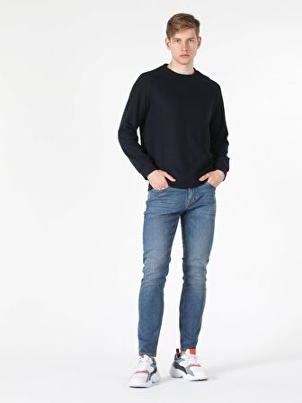 Regular Fit Bisiklet Yaka Normal Kesim Lacivert Erkek Tshirt Uzun Kol Tişört
