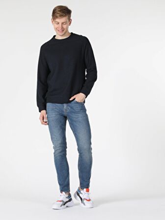 Regular Fit Bisiklet Yaka Normal Kesim Lacivert Erkek Tshirt Uzun Kol Tişört
