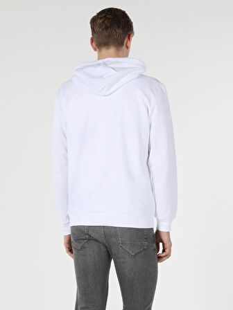 Regular Fit Kapüşonlu Baskılı Beyaz Erkek Sweatshirt