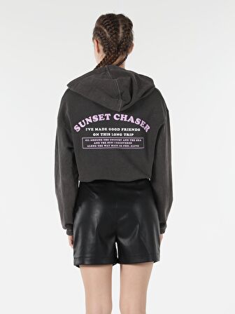 Regular Fit Kapüşonlu Yazılı Beli Lastikli Antrasit Kadın Sweatshirt