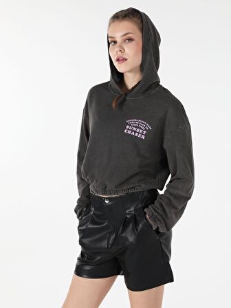 Regular Fit Kapüşonlu Yazılı Beli Lastikli Antrasit Kadın Sweatshirt
