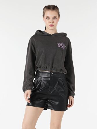 Regular Fit Kapüşonlu Yazılı Beli Lastikli Antrasit Kadın Sweatshirt
