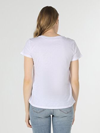 Regular Fit Bisiklet Yaka Baskılı Beyaz Kadın Kısa Kol Tişört