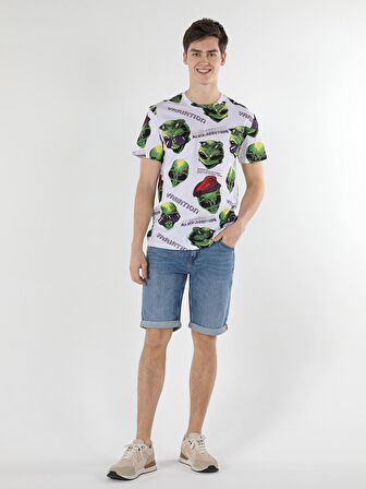 Comfort Fit Bisiklet Yaka Baskılı Beyaz Erkek Kısa Kol Tişört