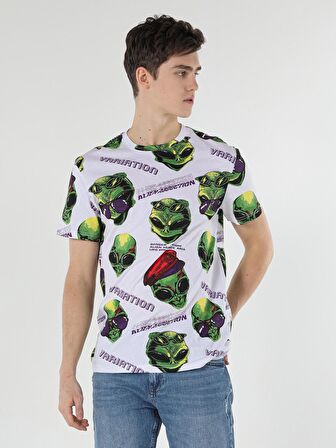 Comfort Fit Bisiklet Yaka Baskılı Beyaz Erkek Kısa Kol Tişört