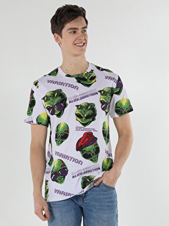 Comfort Fit Bisiklet Yaka Baskılı Beyaz Erkek Kısa Kol Tişört