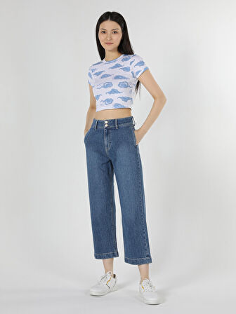 970 Berry Yüksek Bel Normal Kesim Geniş Paça Kadın Mavi Jean Pantolon Cl1057910