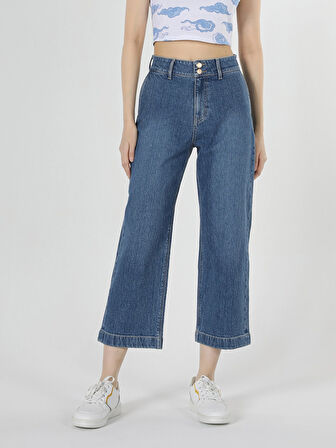 970 Berry Yüksek Bel Normal Kesim Geniş Paça Kadın Mavi Jean Pantolon Cl1057910
